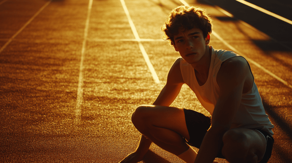 un jeune homme qui est accroupi car il a mal au articulations